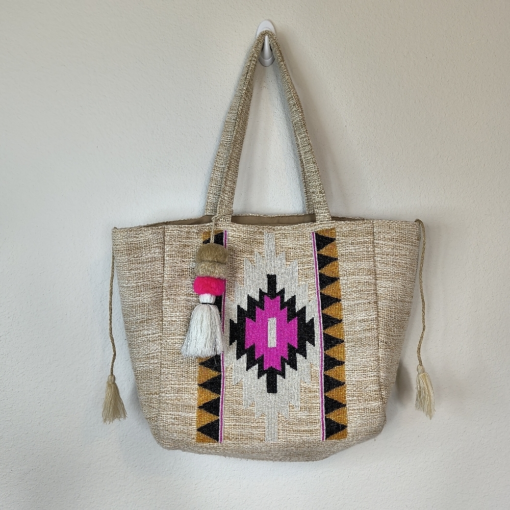 America & Beyond Beaded Aztec Tribal Large Tote‎ Shoulder Bag Jute